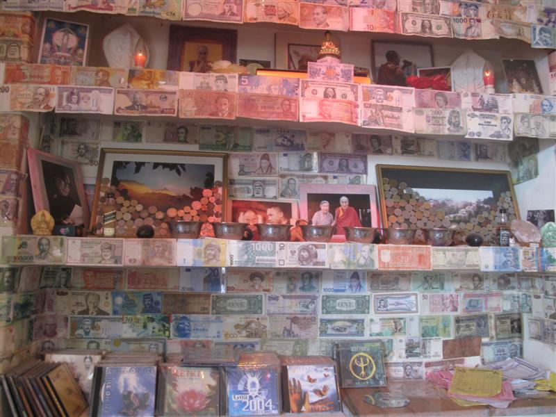 Tibetan Namgyal Cafe in Dharamsala, the exile town of Tibetans  with dcorated with paper money and coins given by tourist all over the world