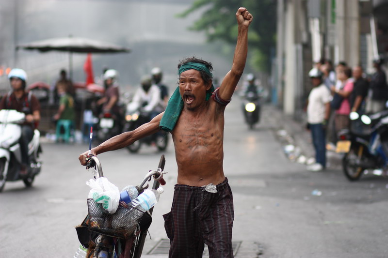 Protester reacts