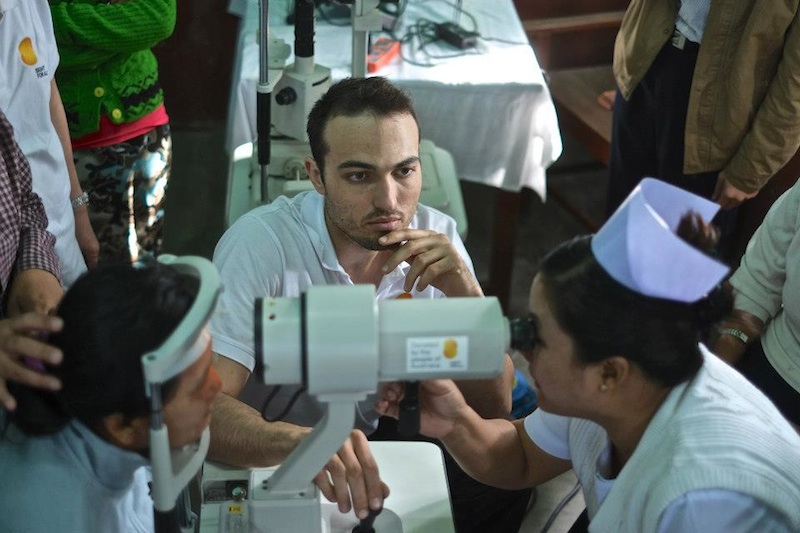 Dr Athanasiov training the ophthalmic nurse in the use of new equipment for Kalaymyo Eye Centre