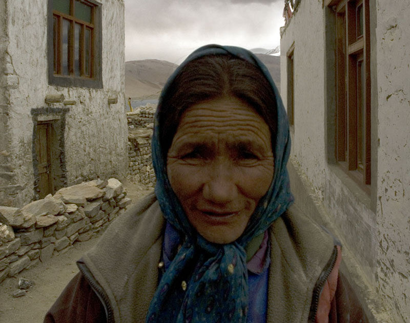 A Changpa woman in front of her ancestral home in Korzok