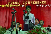 Aung San Suu Kyi speaks at the  NLD ( National League for Democracy ) bi-election Press conference